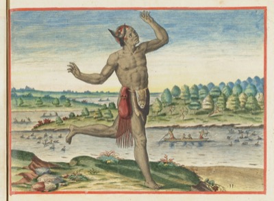 Guerrero indígena en movimiento junto a un río — Artistas de América