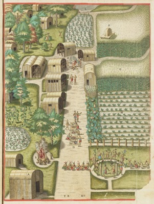 Poblado Indígena Americano con Cultivos y Actividades Comunitarias — Artistas de América