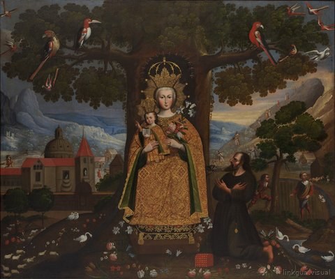 Virgen con el Niño y un devoto bajo árbol