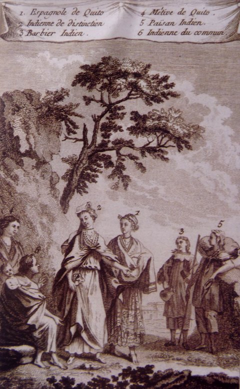 Dama principal de Quito y su corte indígena (grabado anónimo) - Siglo XVII — Escuela Quiteña