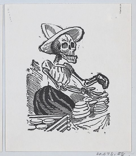 Calavera con sombrero sirviendo platillos