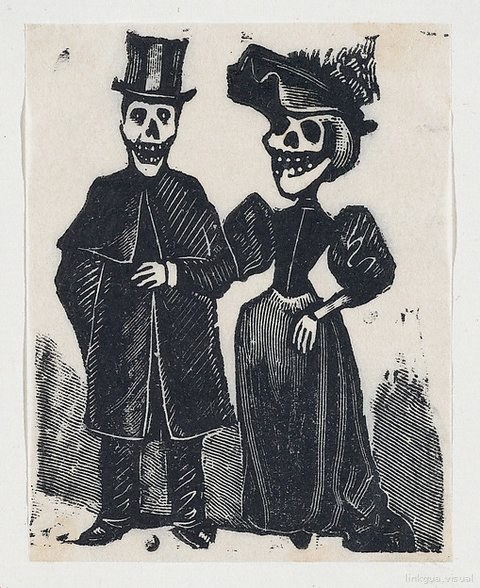 Esqueleto con sombrero elegante y dama