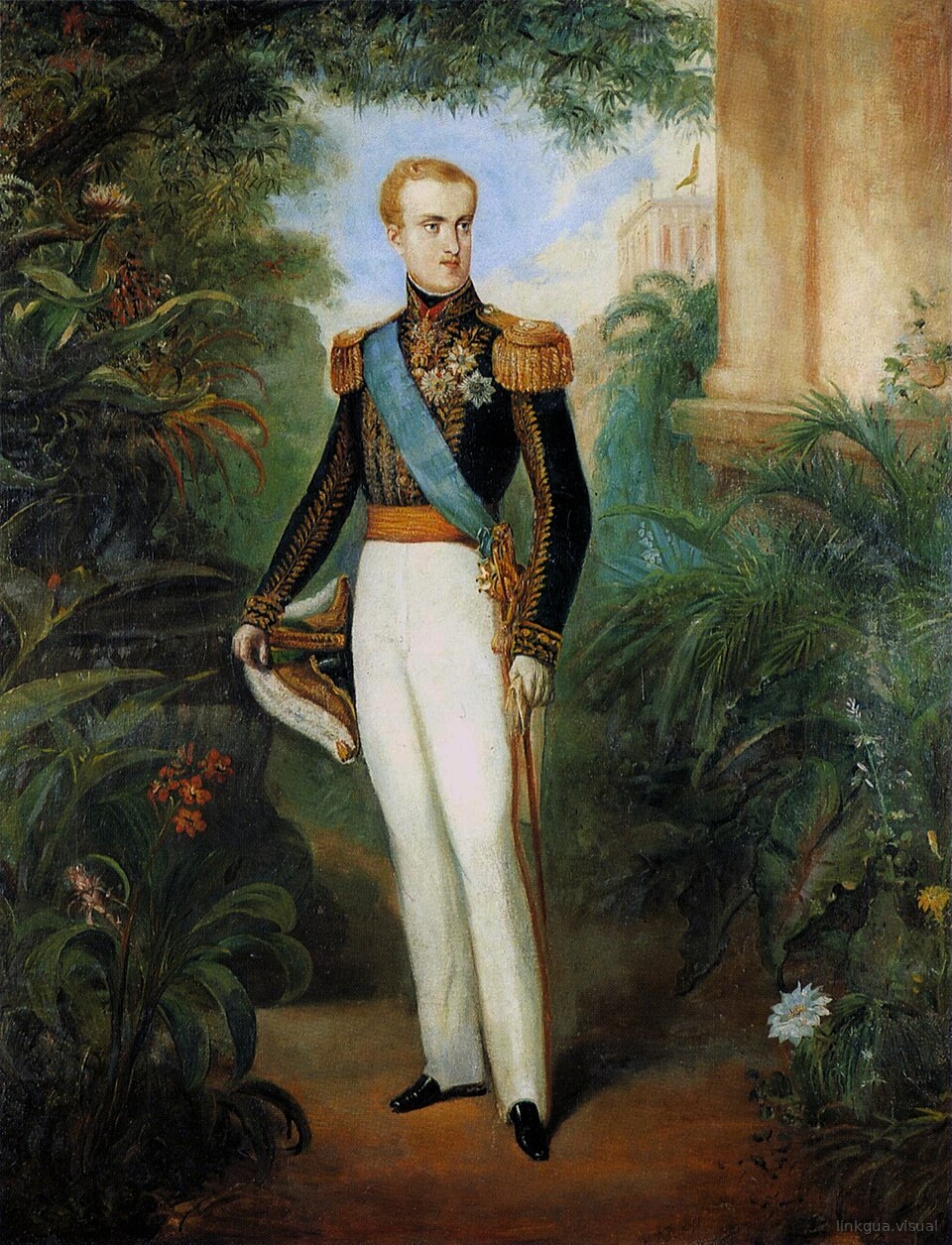 Retrato del joven emperador Pedro II en jardín tropical