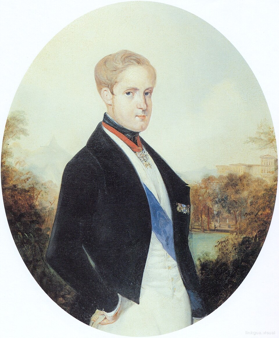 Retrato de Johann Moritz Rugendas de gala en un paisaje con palacio