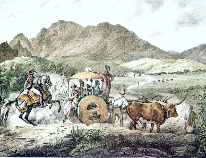 Carreta de bueyes con viajeros y jinete, sendero montañoso