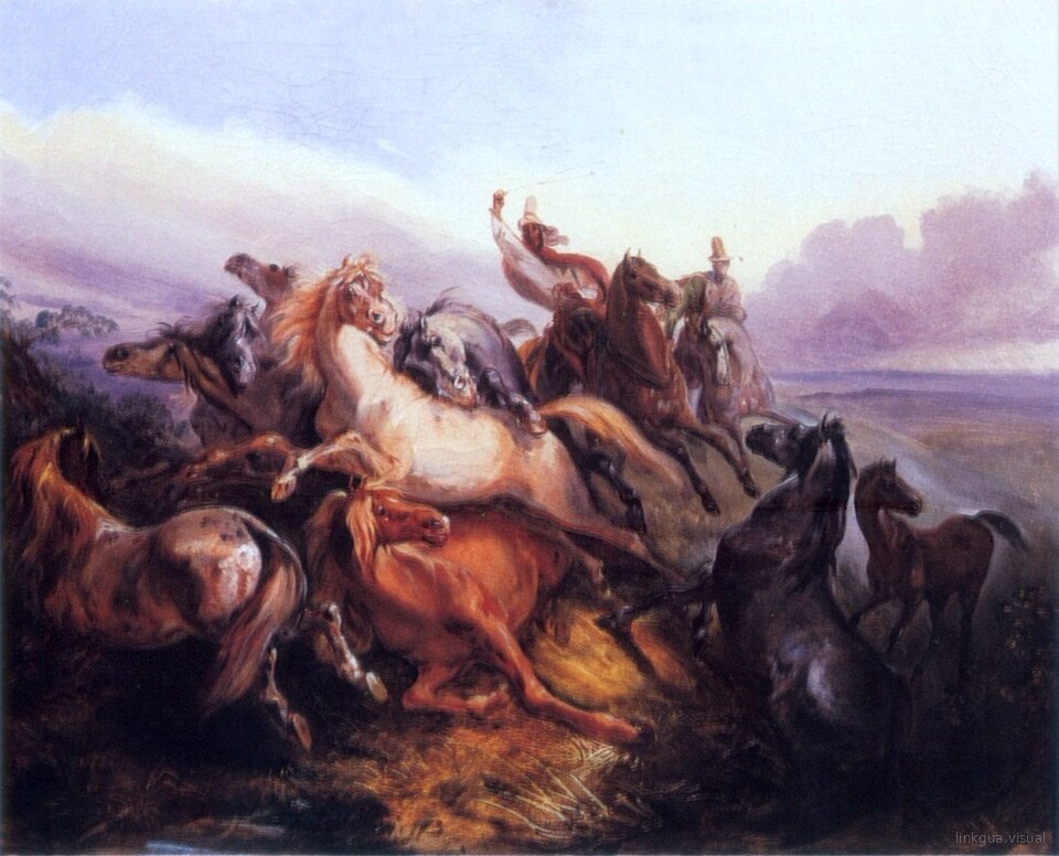 Gauchos arreando caballos salvajes en la pampa
