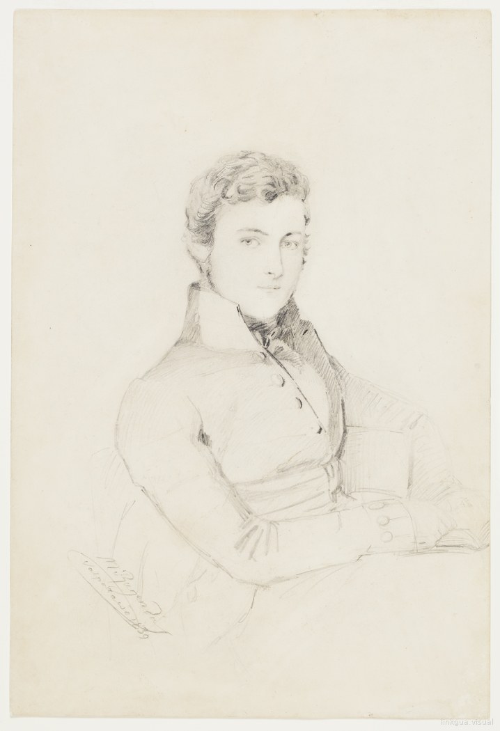 Autorretrato a lápiz de Mauricio Rugendas, joven con cuello alto