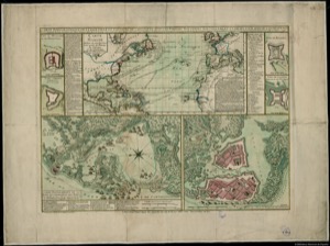 Carte Topographique de la Baye, Ville et Faubourg de Cartagene Avec les Forts et Batteries Nouvellement Etablies pour Servir a sa Deffense le Tout detaillé par des Plans Particuliers tirés d'après Plusieurs autres levés sur les lieux, l'on y a joint une Carte Marine reduite pour servir à l'intelligence des affaires présentes d'Amerique où sont marqués les côtes des Pays-bas, d'Anglaterre, de France, d'Espagne, d'Afrique, et d'Amerique, avec les routes que tiennent les Vaisseaux Pour y aller et revenir — Beaurain