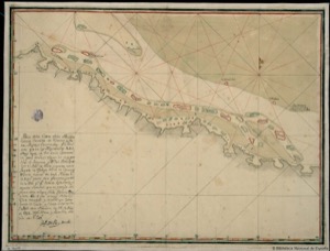 Parte dela Costa dela Havana, Consus Canales de Dentro y fuera, Bajos y Ensenadas : y se advierte que en las Mayusculas a, B, C, no ay agua, de una brasa Geometrica para arriba, Segun los mas practicos de Baracoa y Pto. Del Principe I yo el Año de Veinte y quatro, con la fragata la Griega, benia de Canarias y estube barado en bajo Nicolao, bi la Mayr. Parte delo presente, y acredito lo dho. Pr. Qe. Todo es aplaserado, y mucho Sebadal, que en parajes sale fuera dela Superficie, Ba esto arreglado en gros. De longd. Sobre el Globo terraqueo y merido. Que Correponde al Cuerbo y flores — Paz y Méndez