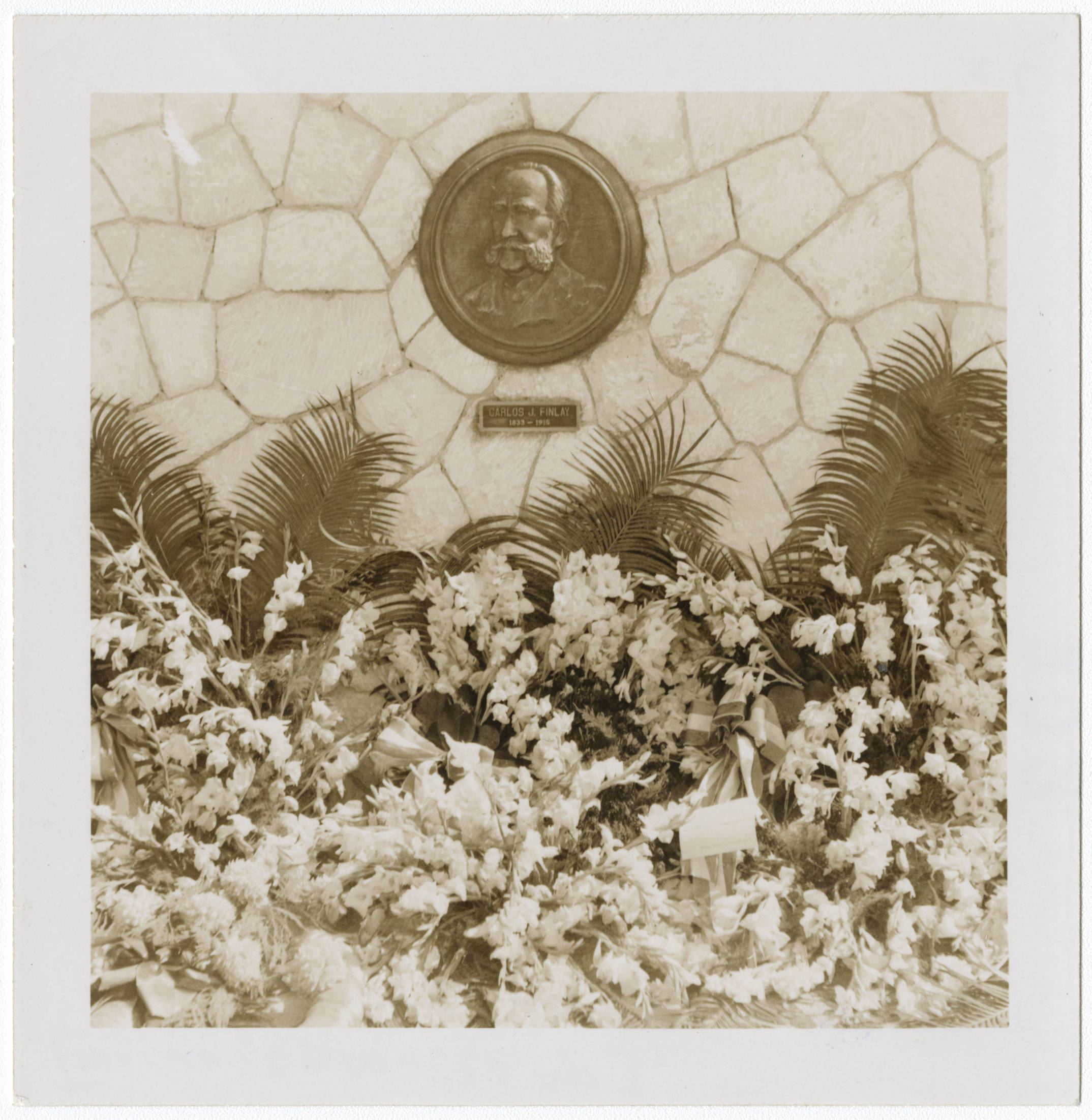 Bronze plaque of Dr. Carlos J. Finlay and floral arrangement at the Monumento Nacional Campamento Lazear (Camp Lazear's National Monument) in Marianao, Cuba — Anónimo