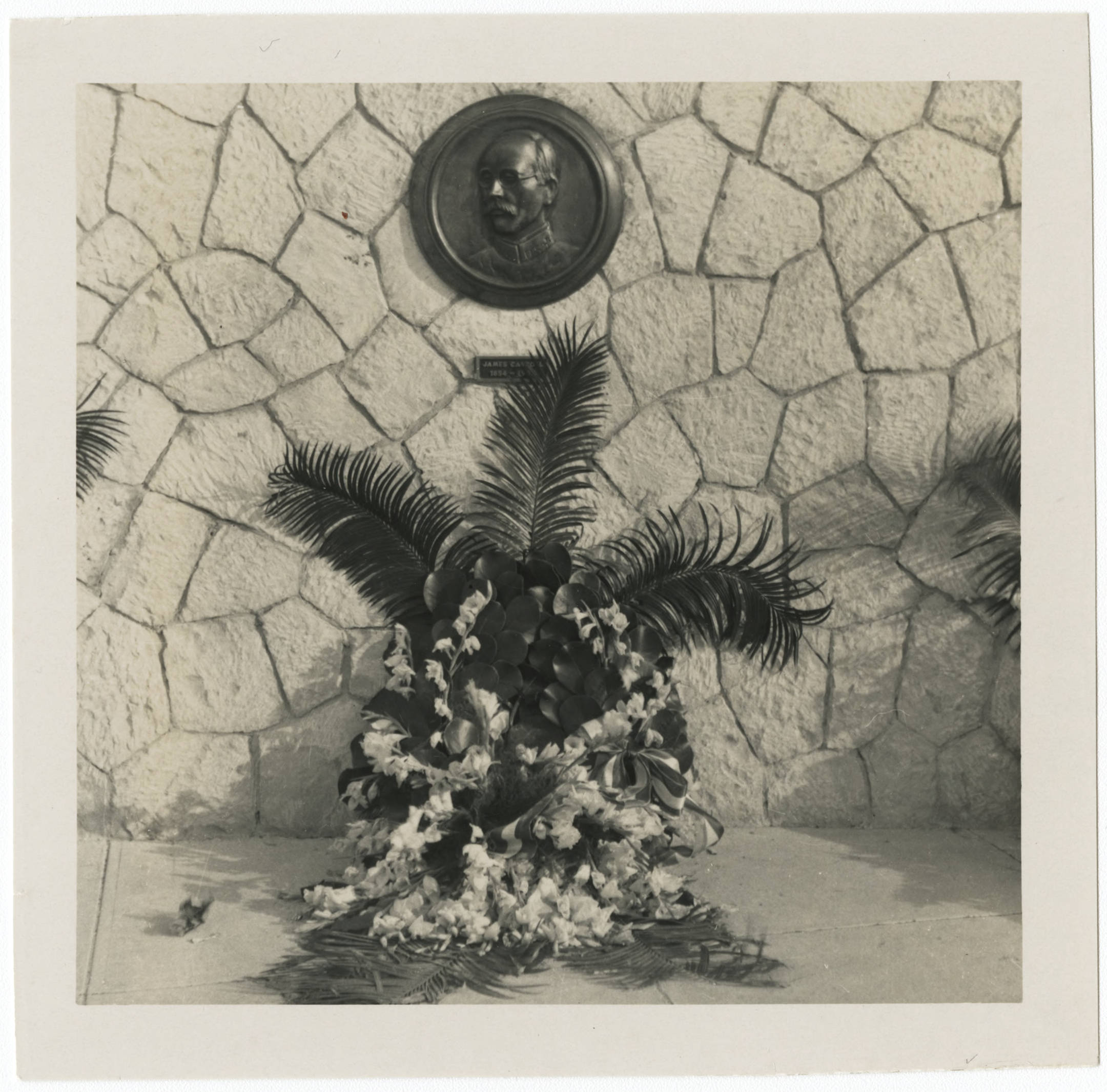 Bronze plaque of Dr. James Carroll and floral arrangement at the Monumento Nacional Campamento Lazear (Camp Lazear's National Monument) in Marianao, Cuba — Anónimo