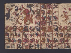 Códice Borgia: — Página con personajes y símbolos mesoamericanos — Anónimo tlacuilo mexica (Códice Aubin)