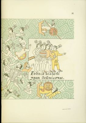 Página de códice con guerreros y texto en náhuatl — Anónimo tlaxcalteca