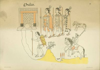 Representación de Chalco con figuras indígenas y un jinete — Anónimo tlaxcalteca