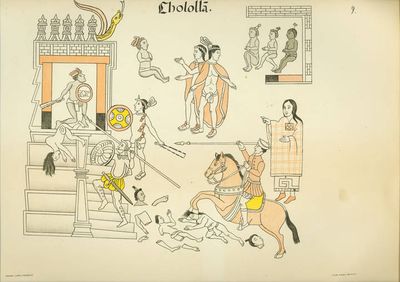 Escena de sacrificio y batalla en Cholollan — Anónimo tlaxcalteca