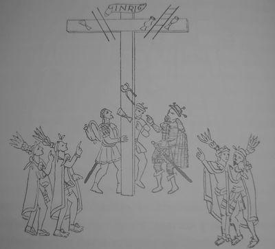Crucifixión de Jesús con soldados y testigos — Anónimo tlaxcalteca