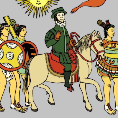 Conquistador a caballo con acompañantes indígenas — Anónimo tlaxcalteca