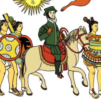 Conquistador a caballo con guerreros indígenas — Anónimo tlaxcalteca
