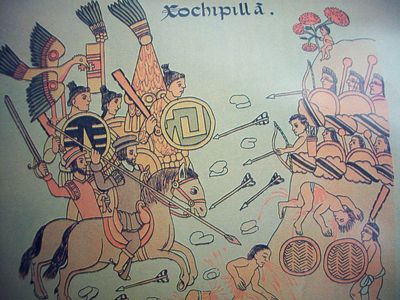 Batalla entre guerreros aztecas y conquistadores españoles