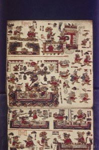 Página de Códice Maya con Figuras y Glifos — Tlacuilo anónimo mixteco