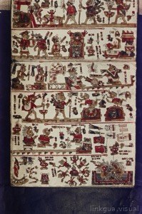 Página de Códice Maya con Jeroglíficos y Figuras Antropomorfas — Tlacuilo anónimo mixteco