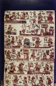 Página de códice maya con glifos y figuras antropomorfas — Anónimo mixteco