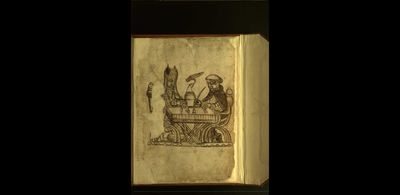 Ilustración de dos figuras escribiendo en un atril — Anónimo mixteco