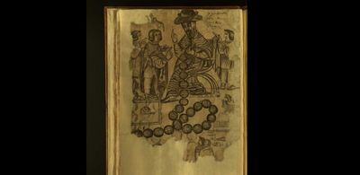 Ilustración de un gobernante mexica con consejeros y tributos — Anónimo mixteco