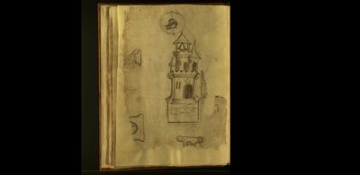 Dibujo de una torre con un pájaro y un cañón — Anónimo mixteco