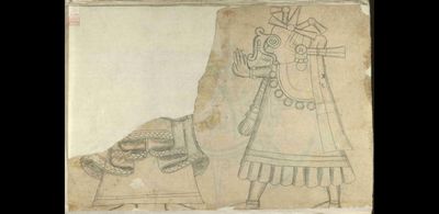 Dibujo de figuras antropomorfas con vestimenta elaborada — Anónimo mixteco