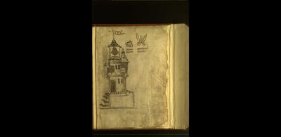 Ilustración de una torre con campana y elementos simbólicos — Anónimo mixteco