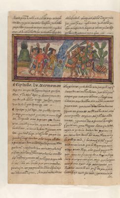 Sacrificio humano bajo supervisión de Moctezuma II. Folio 165 — Anónimo novohispano