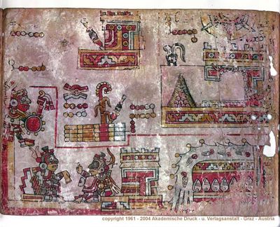 Página de códice precolombino con figuras antropomorfas y arquitectónicas — Grupo Mixteco Iya Nacuaa