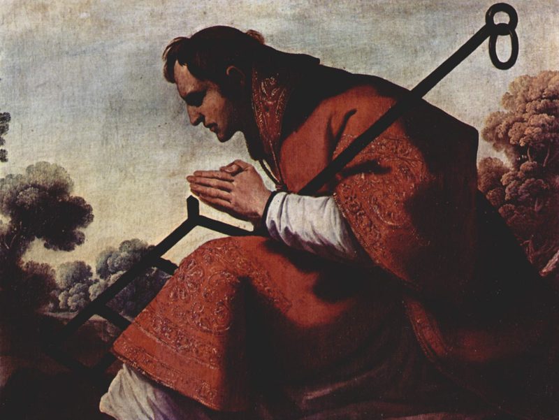 Hombre arrodillado con túnica roja, báculo y manos en oración — Francisco de Zurbarán