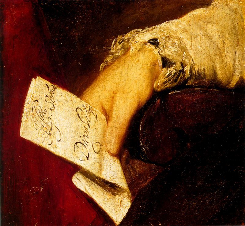 Detalle de retrato de Fernando Valdés mostrando la firma de Diego Velázquez — Diego Velázquez