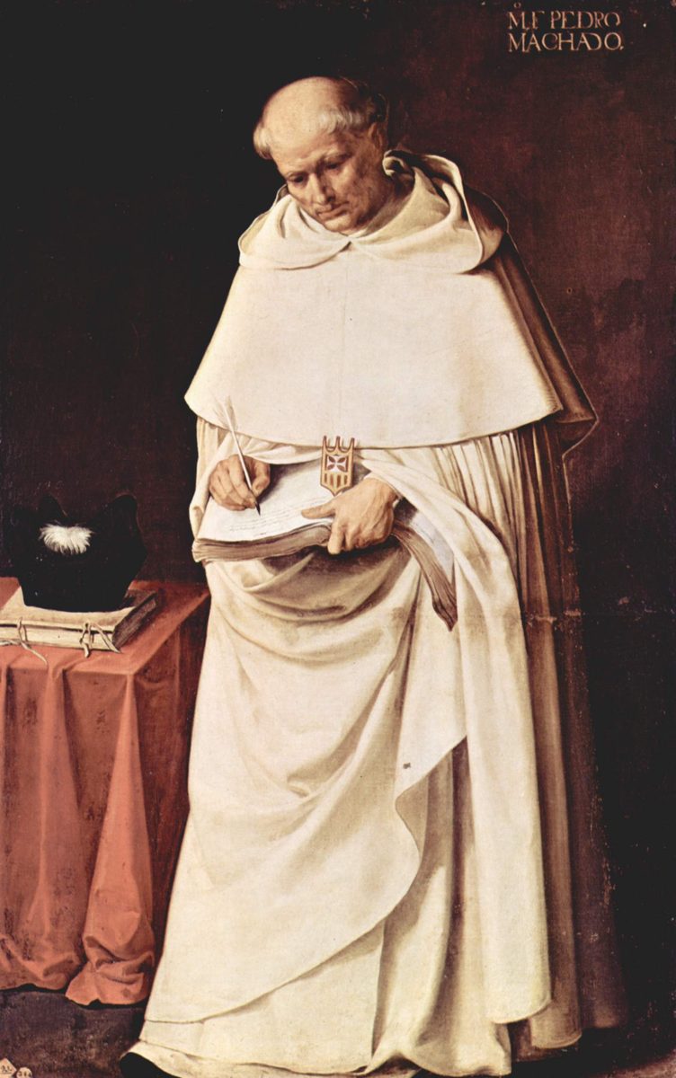 Retrato de Fray Pedro Machado escribiendo con pluma y hábito blanco — Francisco de Zurbarán