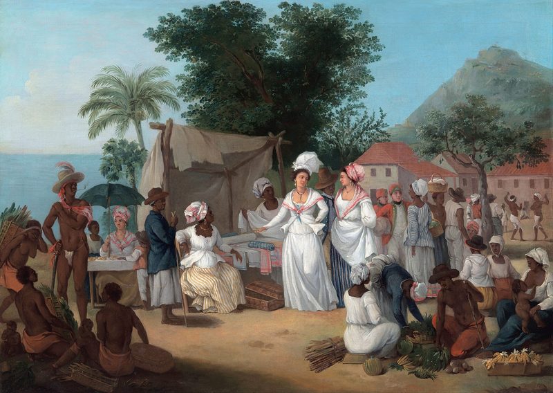 Un mercado de lino con un puesto de lino y un vendedor de verduras en las Indias Occidentales — Arte del Caribe