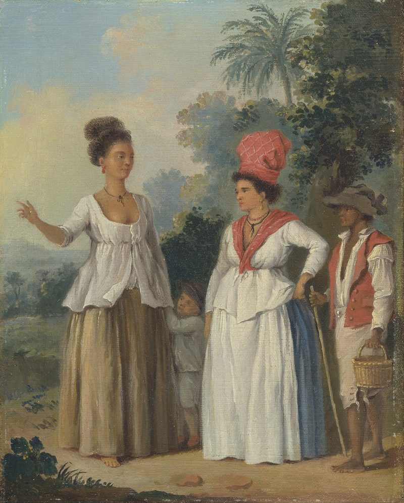 Mujeres de color caribeñas, con un niño y un sirviente negro — Arte del Caribe