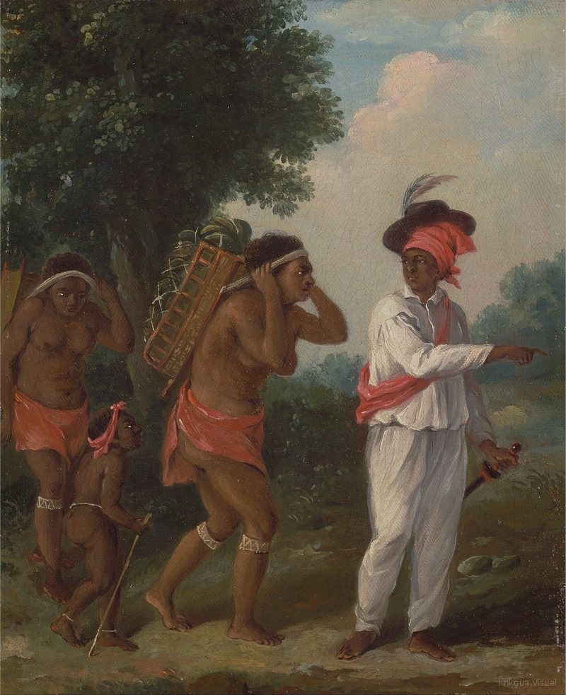 Hombre de color antillano, dirigiendo a dos mujeres caribes con un niño — Arte del Caribe