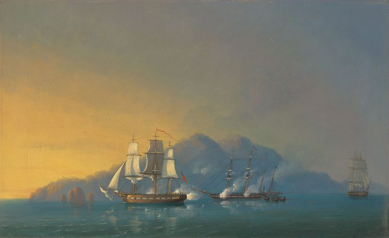 El balandro de cañones HMS Stork enfrentándose a la bergantín francesa Cygne y dos goletas armadas ancladas frente a — John Christian Schetky