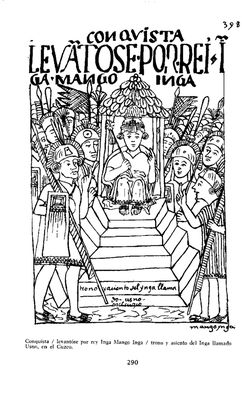 Ilustración muestra al inca Mango Inga siendo levantado