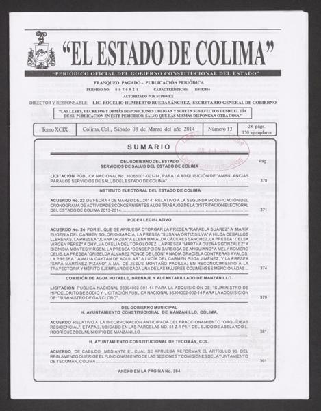 Official Newspaper of the State of Colima; Tomo 99, Número — No identificado