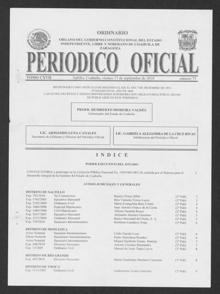 Official Newspaper of the State of Coahuila de Zaragoza; Tomo 117, Número — No identificado