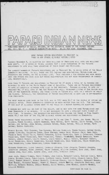 Papago Indian news (Sells, Ariz.), November 1 — No identificado