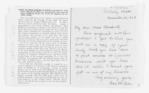 Blackwell Family Papers: Alice Stone Blackwell Papers, 1848-1957; General Correspondence, 1871-1950; Coe, Ada M — No identificado