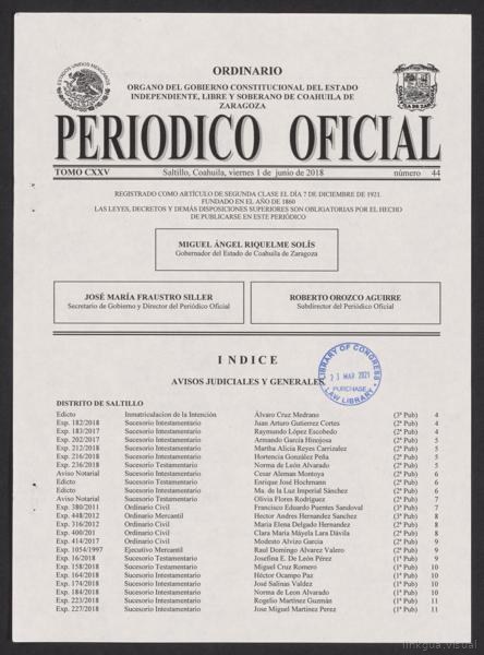 Official Newspaper of the State of Coahuila de Zaragoza; Tomo 125, Número 44, Ordinario