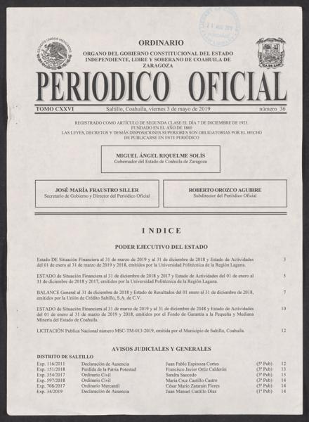 Official Newspaper of the State of Coahuila de Zaragoza; Tomo 126, Número — No identificado