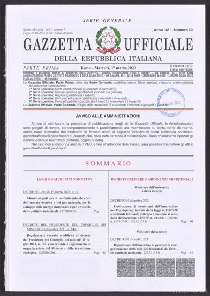Gaceta Oficial de la República Italiana Anno 163 no 50