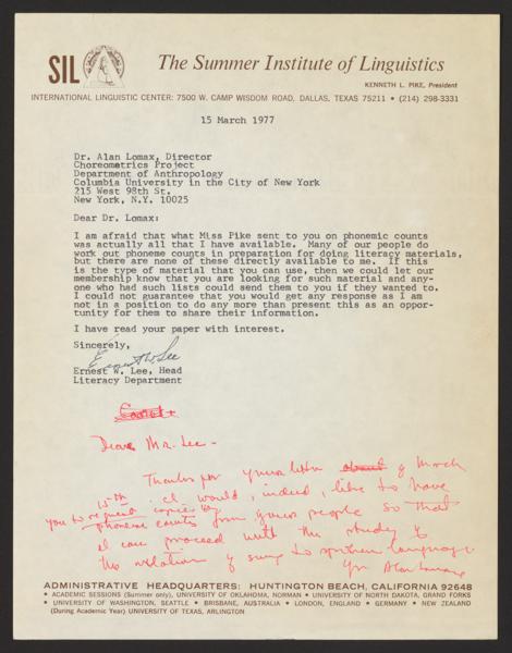 Alan Lomax Collection, Manuscripts, Performance style, Choreometrics, sources, Correspondence by source, 1970s, Summer I — No identificado