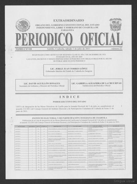Periódico Oficial del Estado de Coahuila de Zaragoza Tomo CXVIII Número 52 Extraordinario